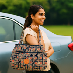 Black Jhola Bag with Multicolor Star Pattern and Orange Patch