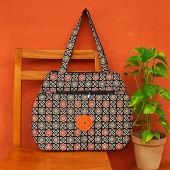 Black Jhola Bag with Multicolor Star Pattern and Orange Patch