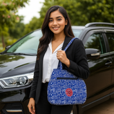Blue Jhola Bag with Bold White Tribal Print and Red Patch