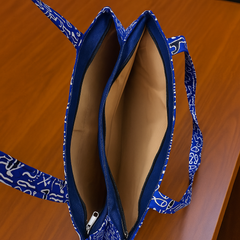 Blue Jhola Bag with Bold White Tribal Print and Red Patch