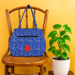 Blue Jhola Bag with Bold White Tribal Print and Red Patch