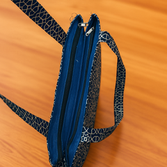 Black Jhola Bag with Geometric White Pattern and Red Patch