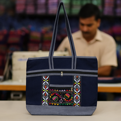 Stylish Navy Blue Handbag with Ethnic Pattern and Grey Highlights