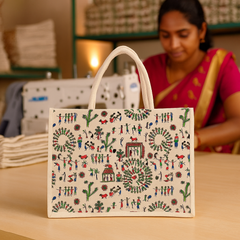 Khadi Handbag with Multicolor Tribal Art Print