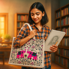 Pink Elephant Block Print Canvas Bag