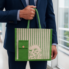 Green Striped Jute Tote Bag with Artistic Face Design