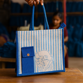 Blue Striped Artistic Jute Tote Bag for Students