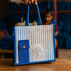 Blue Striped Artistic Jute Tote Bag for Students