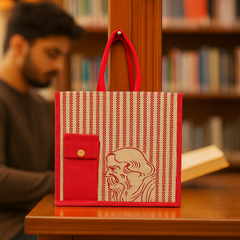 Red Striped Jute Tote Bag with Artistic Print