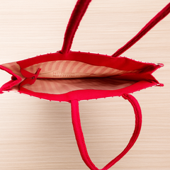 Red Striped Jute Tote Bag with Artistic Print