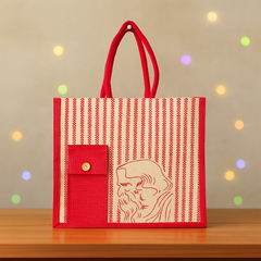 Red Striped Jute Tote Bag with Artistic Print