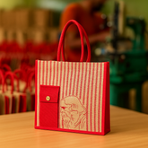 Red Striped Jute Tote Bag with Artistic Print