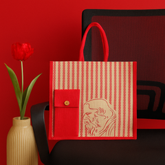 Red Striped Jute Tote Bag with Artistic Print