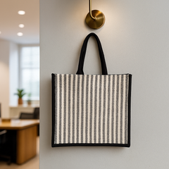 Black Striped Jute Tote Bag with Artistic Face Sketch