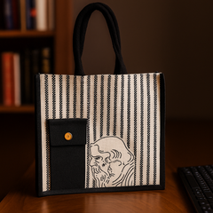 Black Striped Jute Tote Bag with Artistic Face Sketch