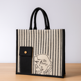 Black Striped Jute Tote Bag with Artistic Face Sketch