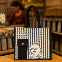 Black Striped Jute Tote Bag with Artistic Face Sketch