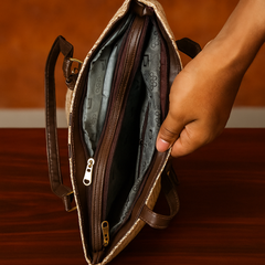 Handcrafted Beige Tote Bag with Maroon Stripes and Front Zip Pocket