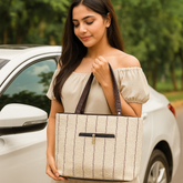 Handcrafted Beige Tote Bag with Maroon Stripes and Front Zip Pocket