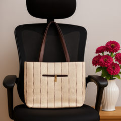 Handcrafted Beige Tote Bag with Maroon Stripes and Front Zip Pocket