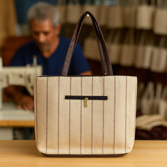 Handcrafted Beige Tote Bag with Maroon Stripes and Front Zip Pocket