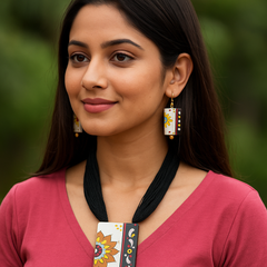 Handcrafted Sunflower Pendant Set – Yellow & Black Tribal Design