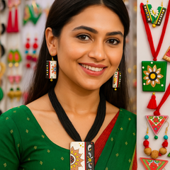 Handcrafted Sunflower Pendant Set – Yellow & Black Tribal Design