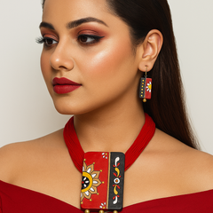 Handcrafted Red & Black Pendant Set – Floral Block Design