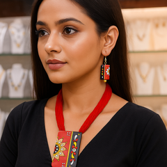 Handcrafted Red & Black Pendant Set – Floral Block Design