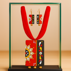 Handcrafted Red & Black Pendant Set – Floral Block Design