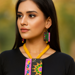 Multicolor Handcrafted Pendant Set – Yellow Thread & Floral Blocks