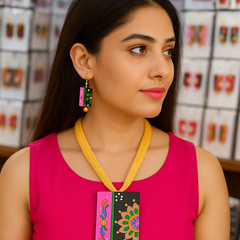 Multicolor Handcrafted Pendant Set – Yellow Thread & Floral Blocks