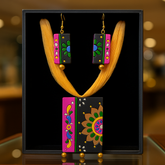 Multicolor Handcrafted Pendant Set – Yellow Thread & Floral Blocks