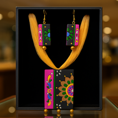 Multicolor Handcrafted Pendant Set – Yellow Thread & Floral Blocks