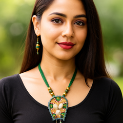 Artistic Shell & Bead Pendant Set – Green Thread Tribal Style