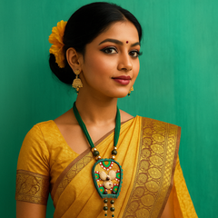 Artistic Shell & Bead Pendant Set – Green Thread Tribal Style