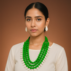 Handcrafted Green Beaded Multi-Layer Tribal Necklace – Shell Drop Accents