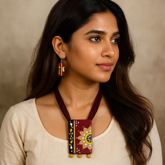 Hand-Painted Maroon Floral Tribal Necklace Set