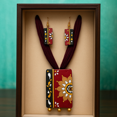 Hand-Painted Maroon Floral Tribal Necklace Set