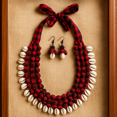 Elegant Red & Shell Layered Necklace Set