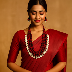 Elegant Red & Shell Layered Necklace Set
