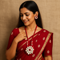 Handmade Red Shell Floral Jewelry Set (Necklace + Earrings)