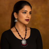 Antique Oxidized Necklace with Sun Pendant – Black & Maroon Thread Work
