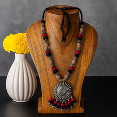 Antique Oxidized Necklace with Sun Pendant – Black & Maroon Thread Work