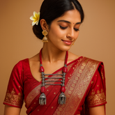 Bold Oxidized Thread Necklace Set with Red