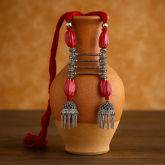 Bold Oxidized Thread Necklace Set with Red