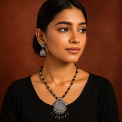 Black Beaded Oxidised Pendant Necklace