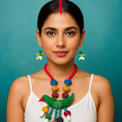 Colorful Bird Motif Necklace Set with Earrings