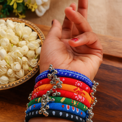 Multicolor Fabric Bangles with Ghungroo Charm (Seven Pieces)