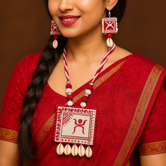 Red Warli Art Shell Necklace Set